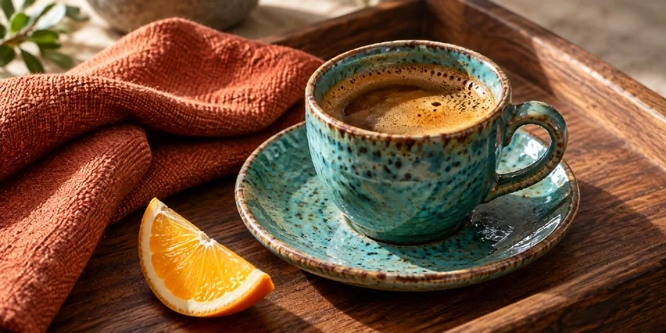 Turquoise ceramic cup with woven linen and walnut grain, upscaled by the tool’s 2× AI model