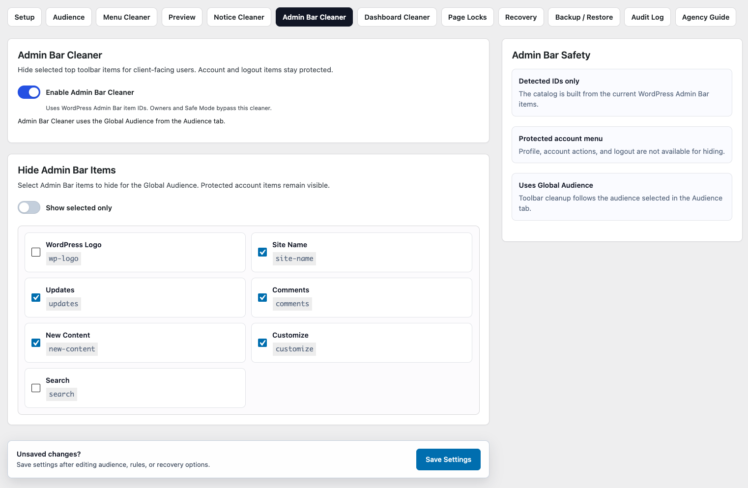 Admin Bar Cleaner detects supported WordPress Toolbar items and lets you hide unnecessary shortcuts for your selected audience.