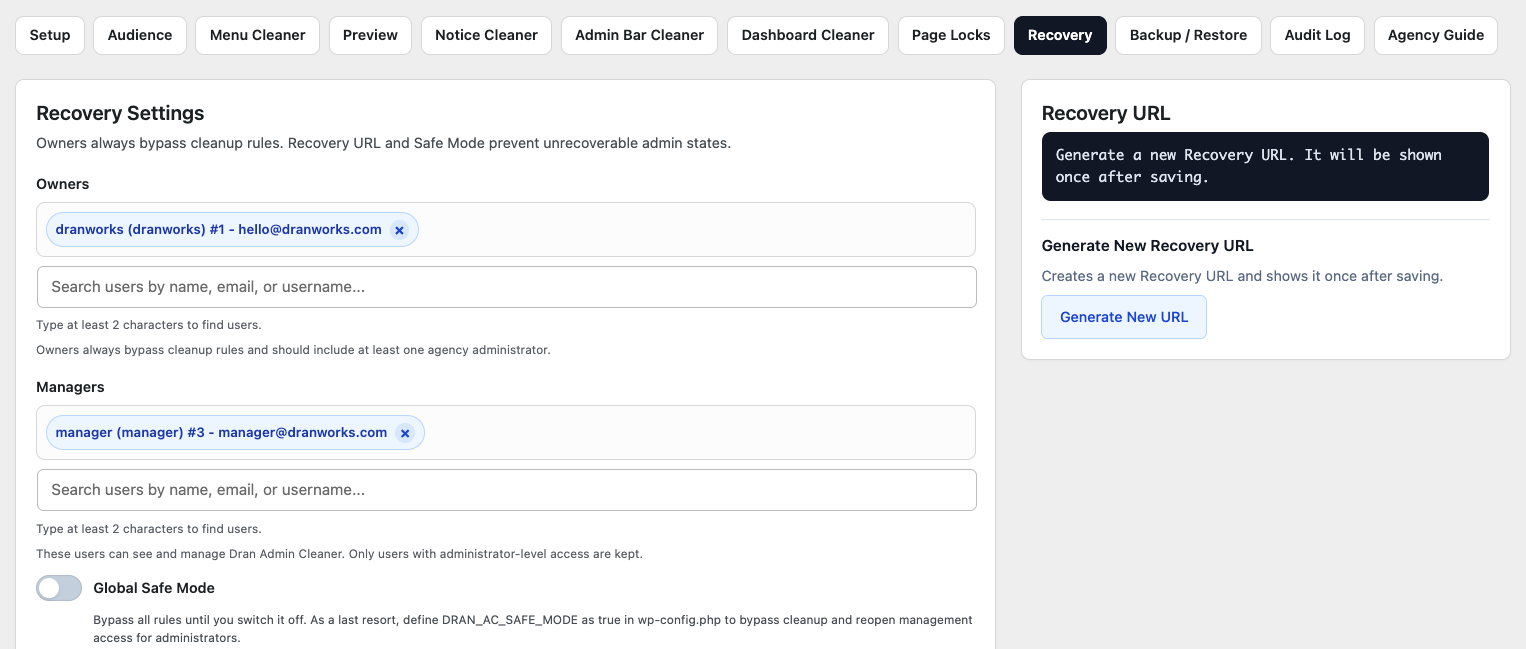 Assign one trusted Owner and optional Managers to keep DAC management accounts outside the shared cleanup configuration.