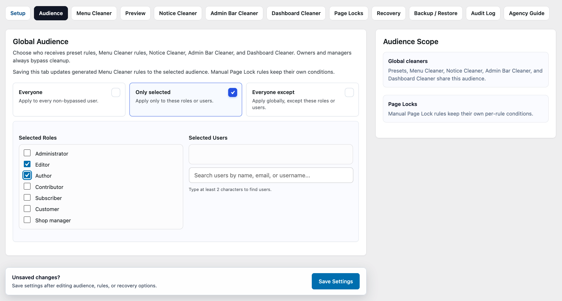 Choose which WordPress roles or individual users should receive your Dran Admin Cleaner configuration.