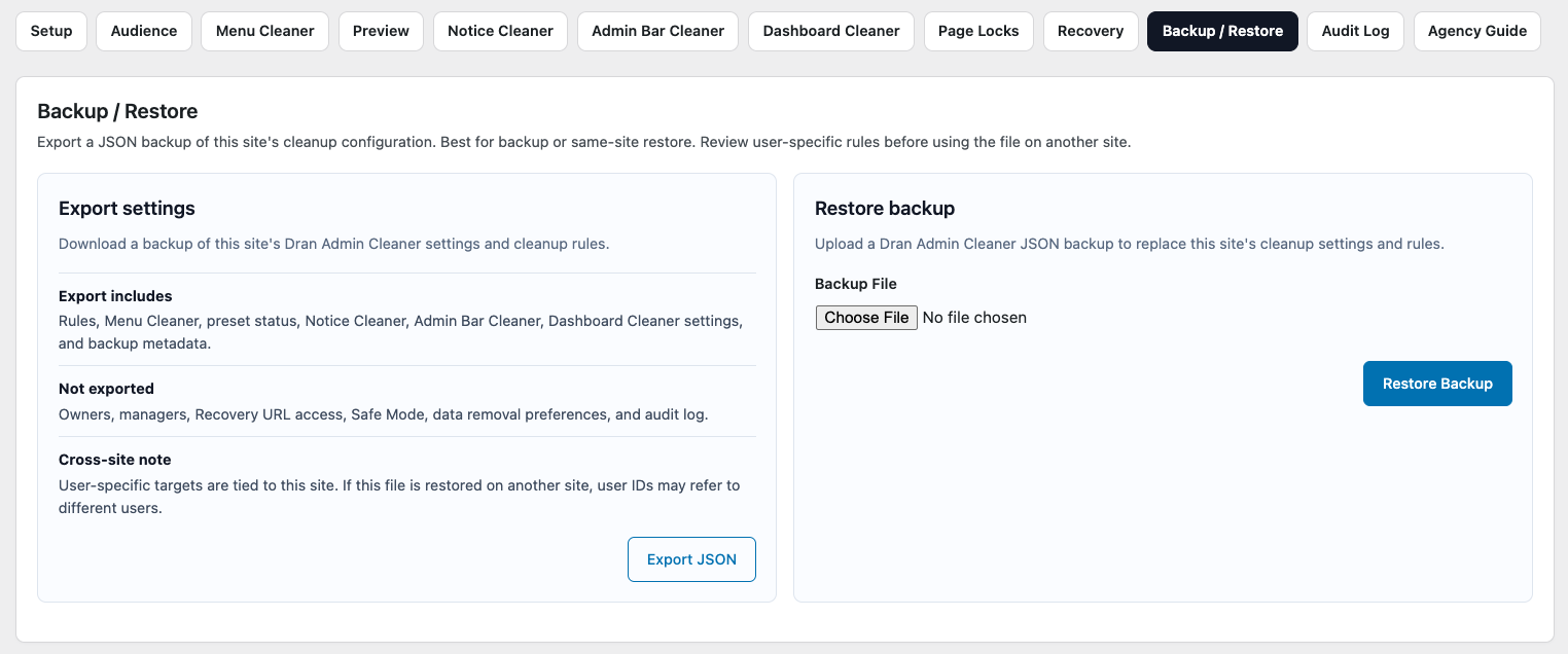 Export the current DAC configuration before significant changes so you have a known working JSON file available for restoration