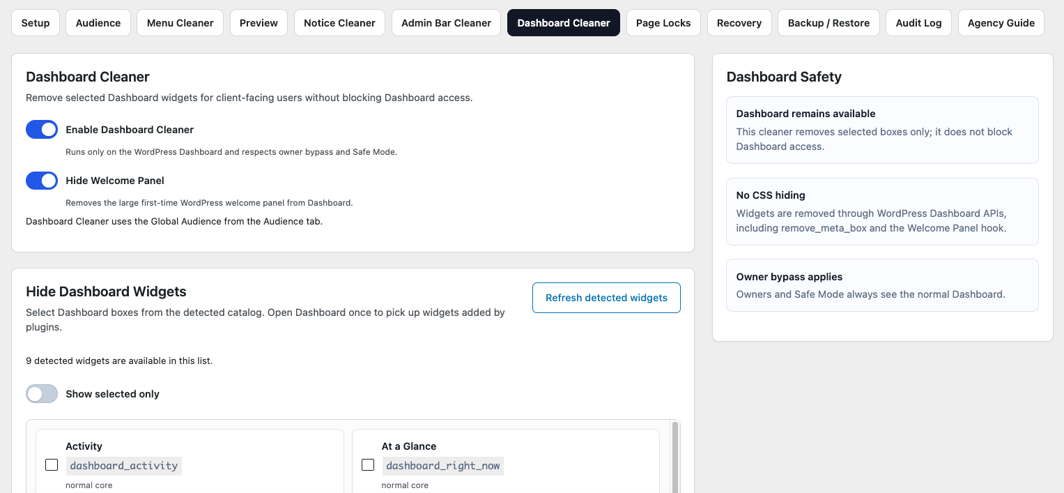 Dashboard Cleaner detects supported WordPress Dashboard widgets and lets you control which ones remain visible to your selected audience