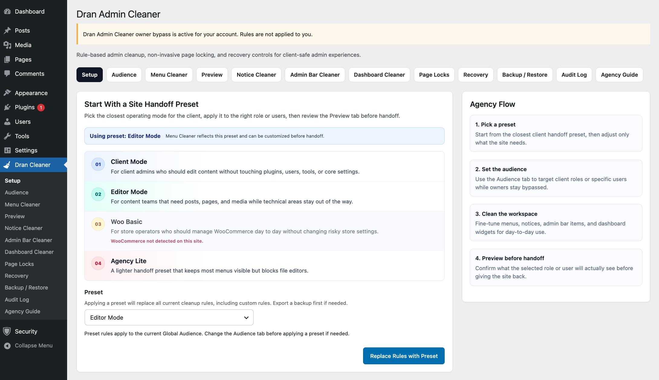 Dran Admin Cleaner organizes its admin customization tools into separate sections for easier configuration.