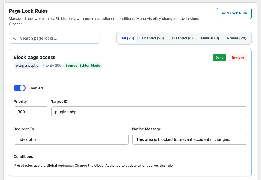 Each page lock can define its own roles or users independently from the global audience configuration