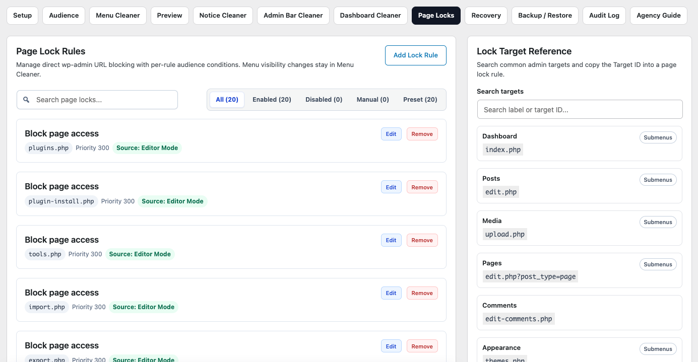 Page Locks lets you create individual access rules for selected WordPress admin pages.