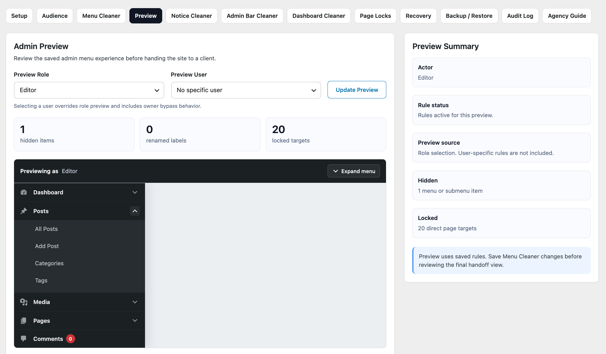 Select a WordPress role to preview how the Dran Admin Cleaner cleanup configuration will appear to users with that role.