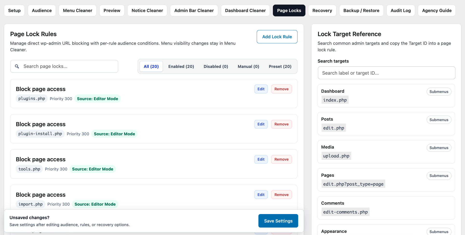 Restrict access to selected admin pages while keeping administrative access available to authorized users.