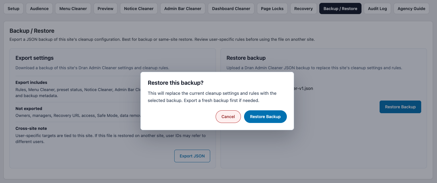 Upload a previously exported DAC JSON file to replace the current cleanup configuration with the saved configuration