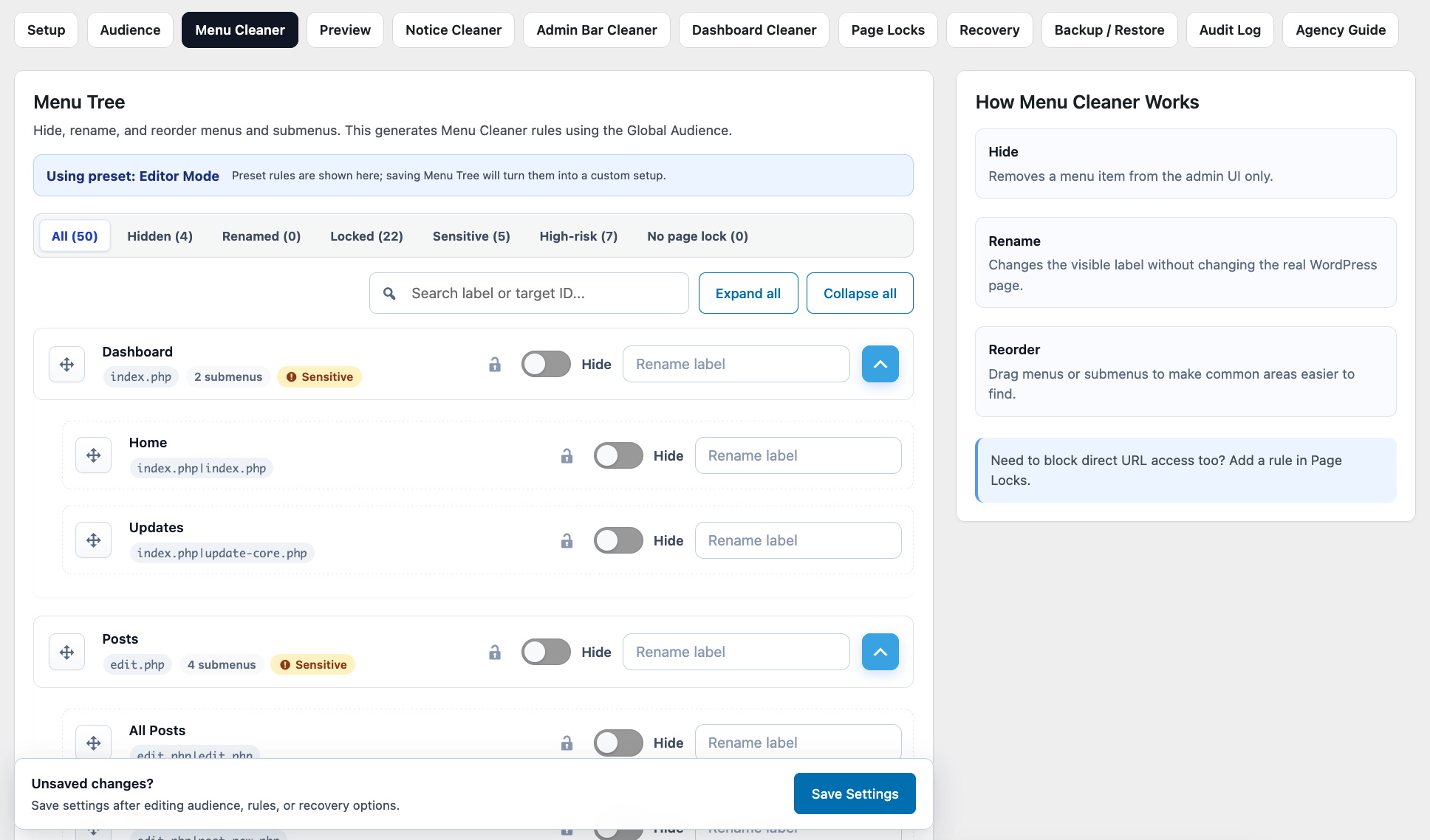 Use Menu Cleaner to hide, rename, or reorder admin menu items for the selected audience.