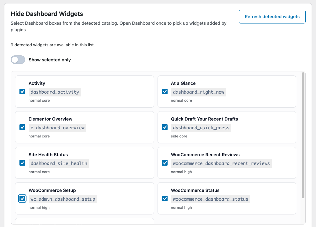 Use Dashboard Cleaner to hide widgets that are unnecessary for your users.